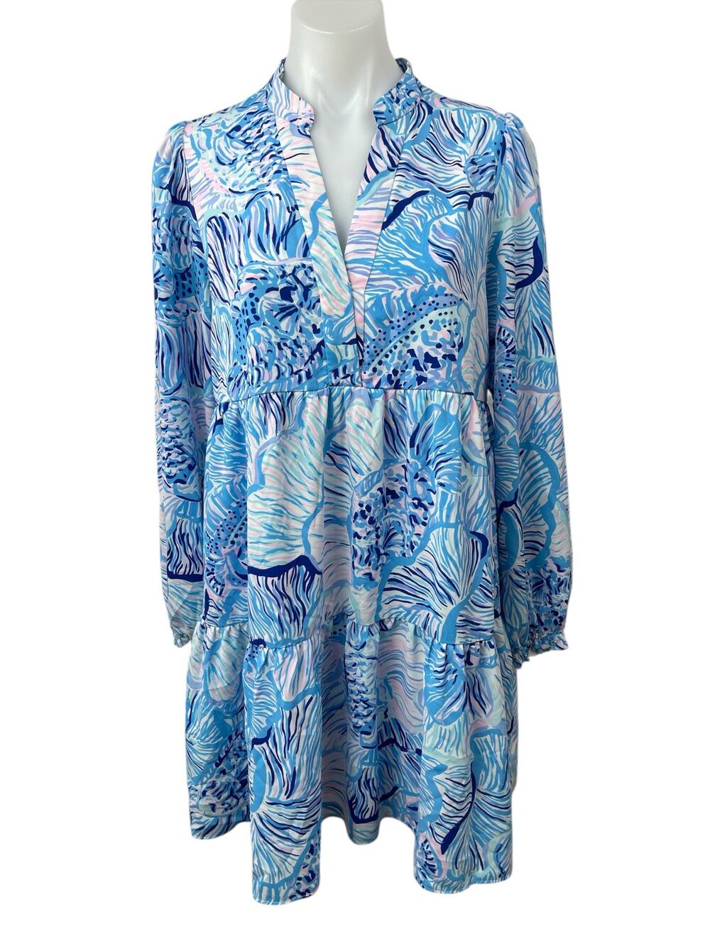 Lilly Pulitzer Winona Blue Floral V Neck Long Sleeve Mini Swing Shift Dress Sz S